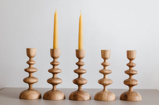 Set of 2 Wooden Taper Candle Holders, Wave,  Hand-Turned Oak