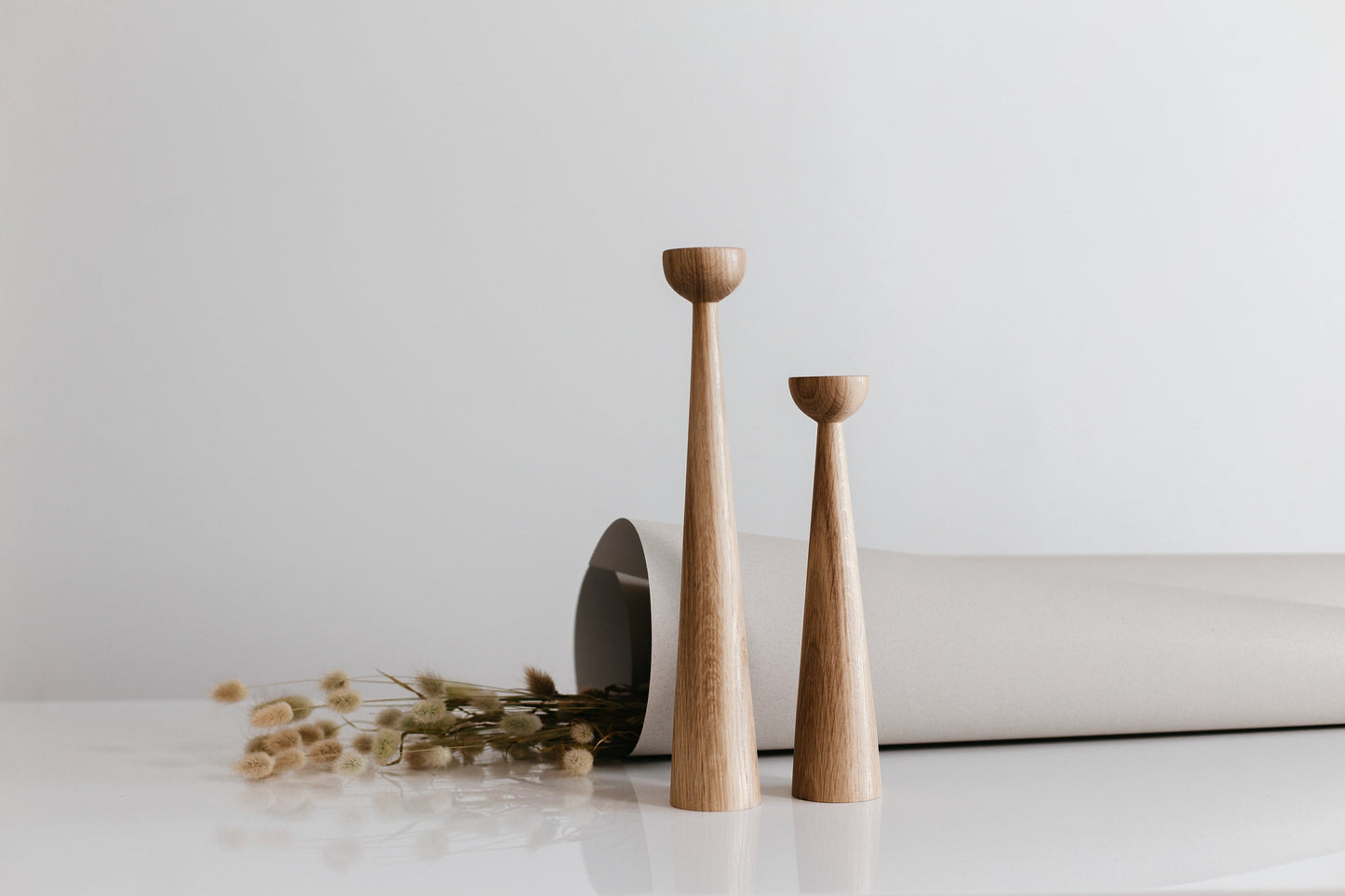 Set of 2 Long Wooden Taper Candle Holders – Hand-Turned Oak