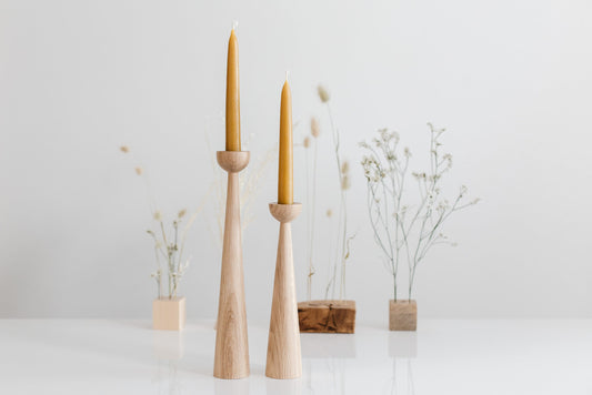 Set of 2 Long Wooden Taper Candle Holders – Hand-Turned Oak