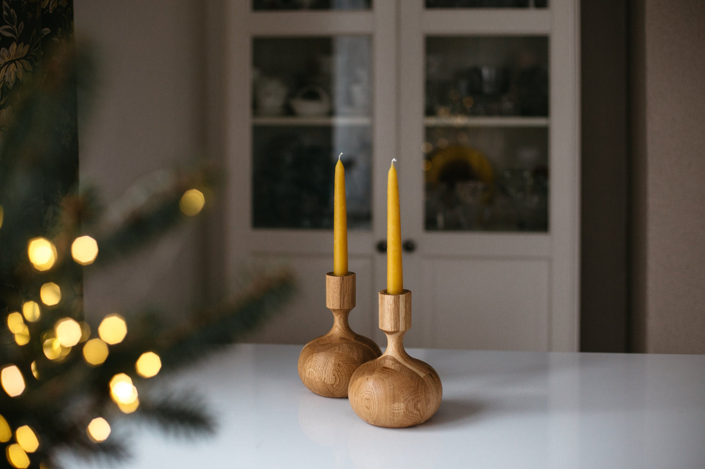 Set of 2 Wooden Taper Candle Holders, Queen, Hand-Turned Oak