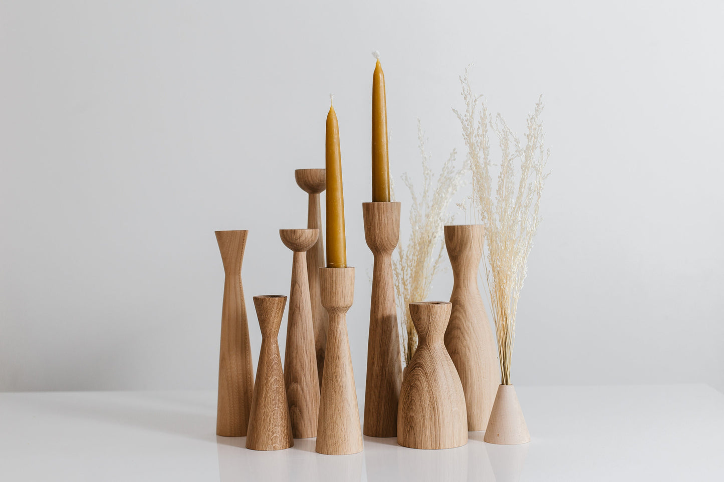 Set of 2 Long Wooden Taper Candle Holders – Hand-Turned Oak