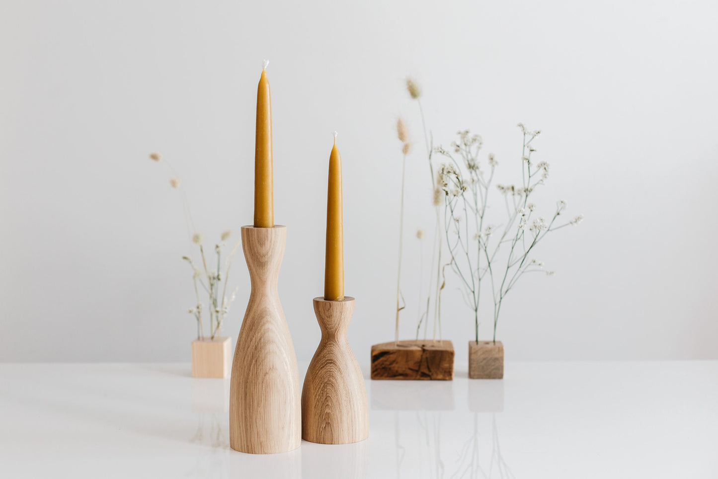 Set of 2 Wooden Taper Candle Holders, Wide, Hand-Turned Oak