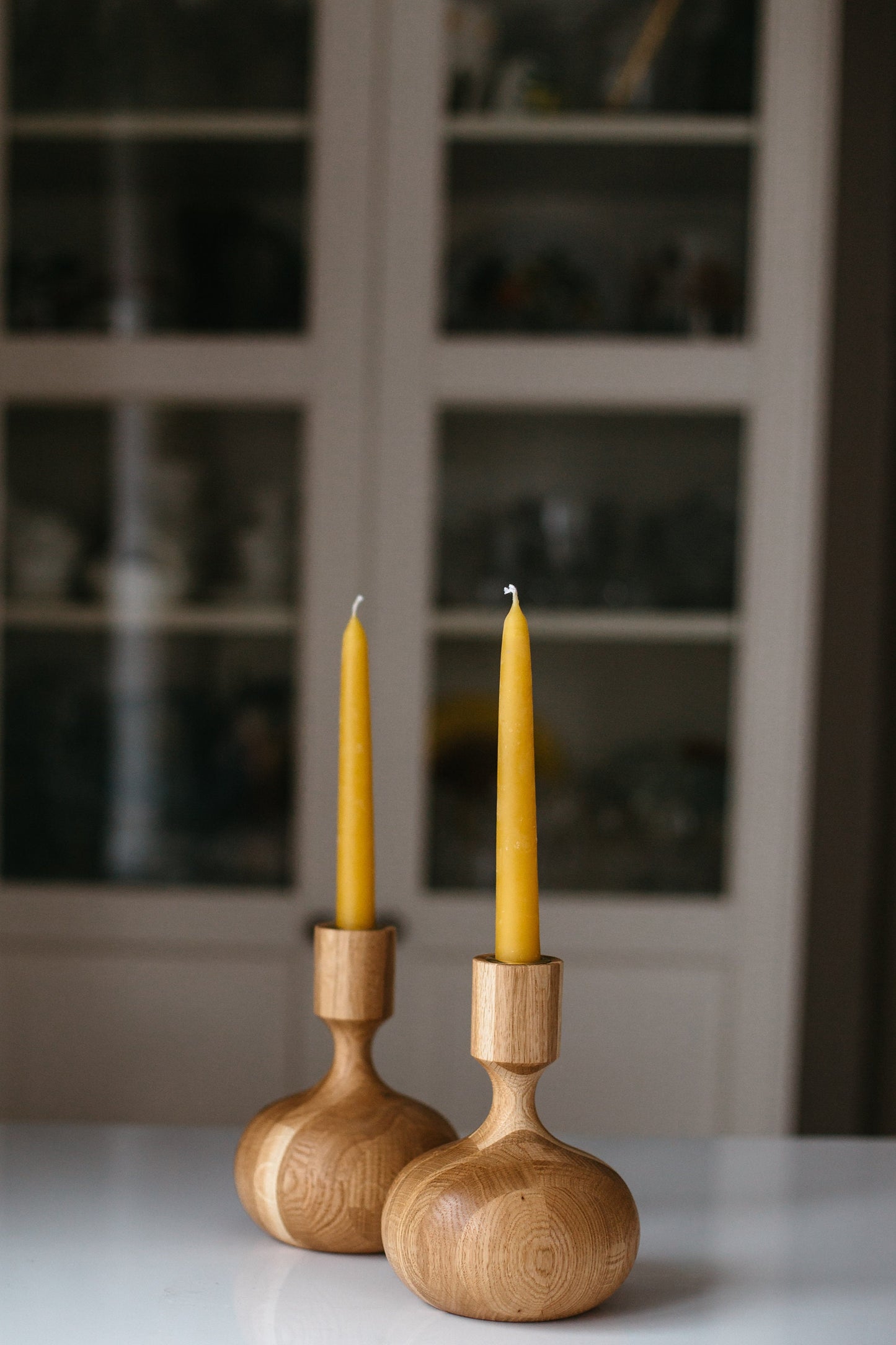Set of 2 Wooden Taper Candle Holders, Queen, Hand-Turned Oak