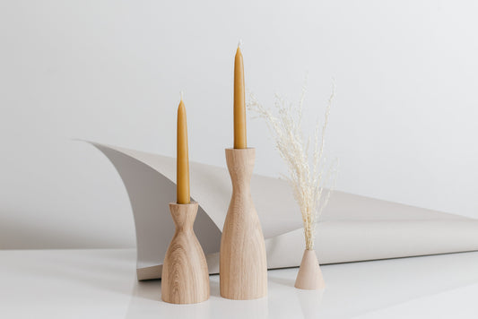 Set of 2 Wooden Taper Candle Holders, Wide,  Hand-Turned Oak