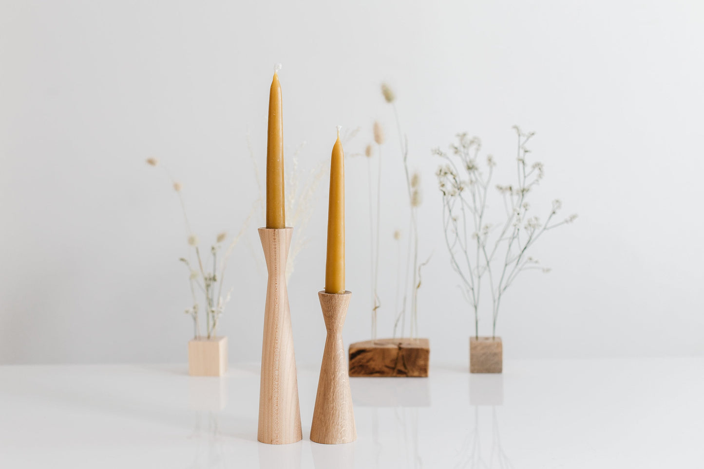 Set of 2 Wooden Taper Candle Holders, Triangles, Hand-Turned Oak