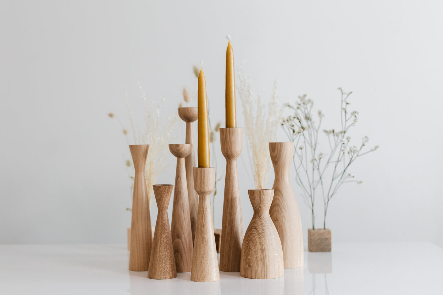 Set of 2 Wooden Taper Candle Holders, Wide, Hand-Turned Oak