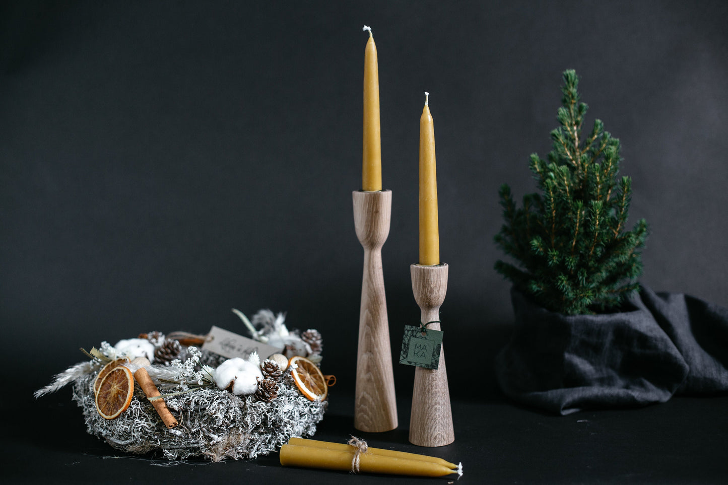 Set of 2 Wooden Taper Candle Holders, Standart, Hand-Turned Oak