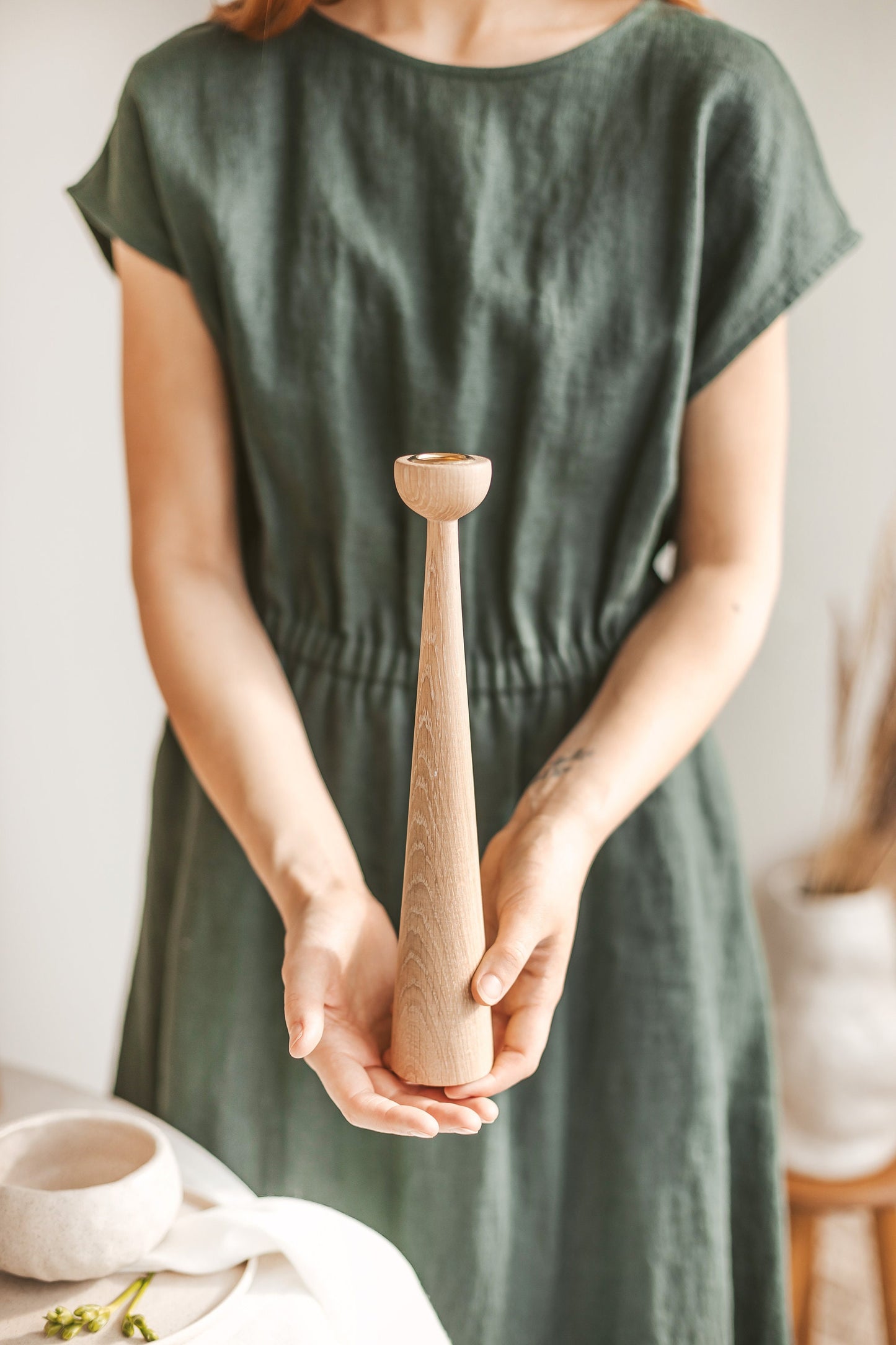 Set of 2 Long Wooden Taper Candle Holders – Hand-Turned Oak