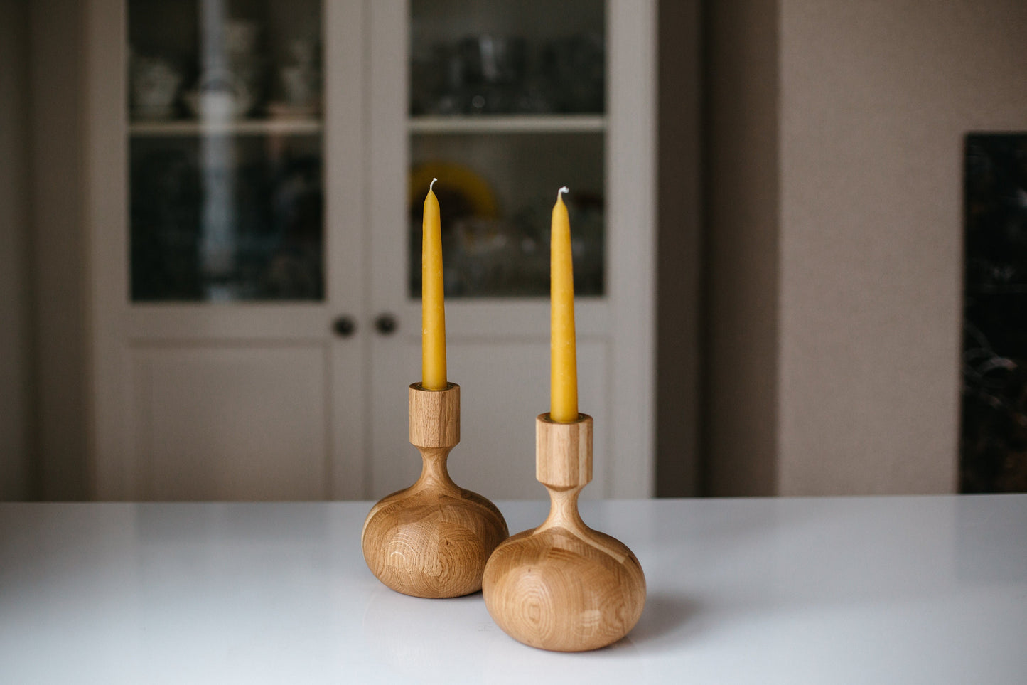Set of 2 Wooden Taper Candle Holders, Queen, Hand-Turned Oak