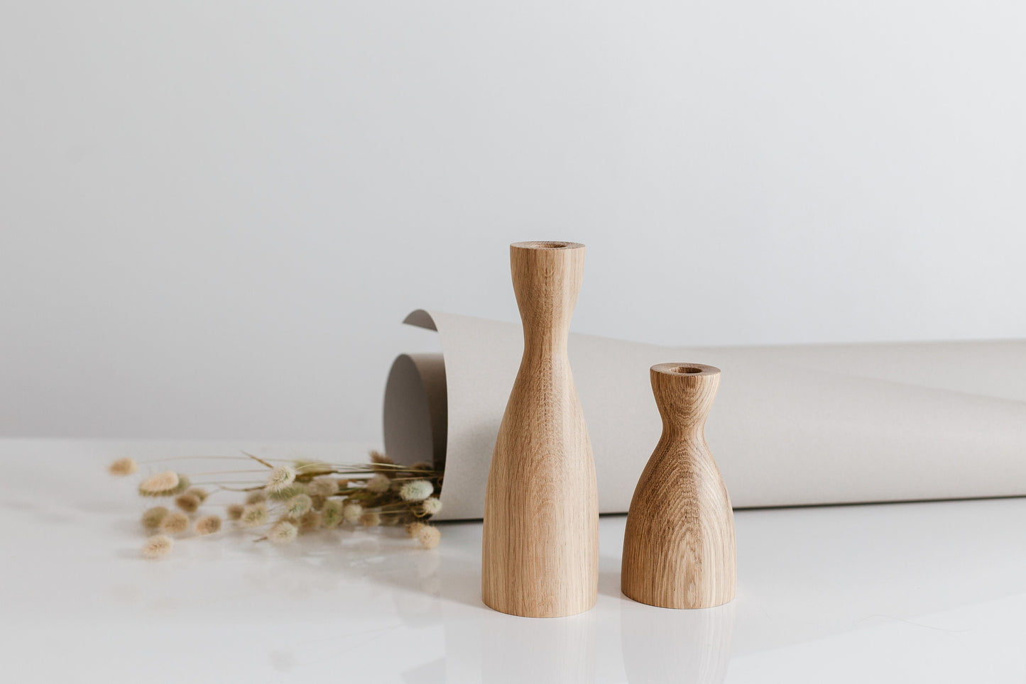 Set of 2 Wooden Taper Candle Holders, Wide, Hand-Turned Oak