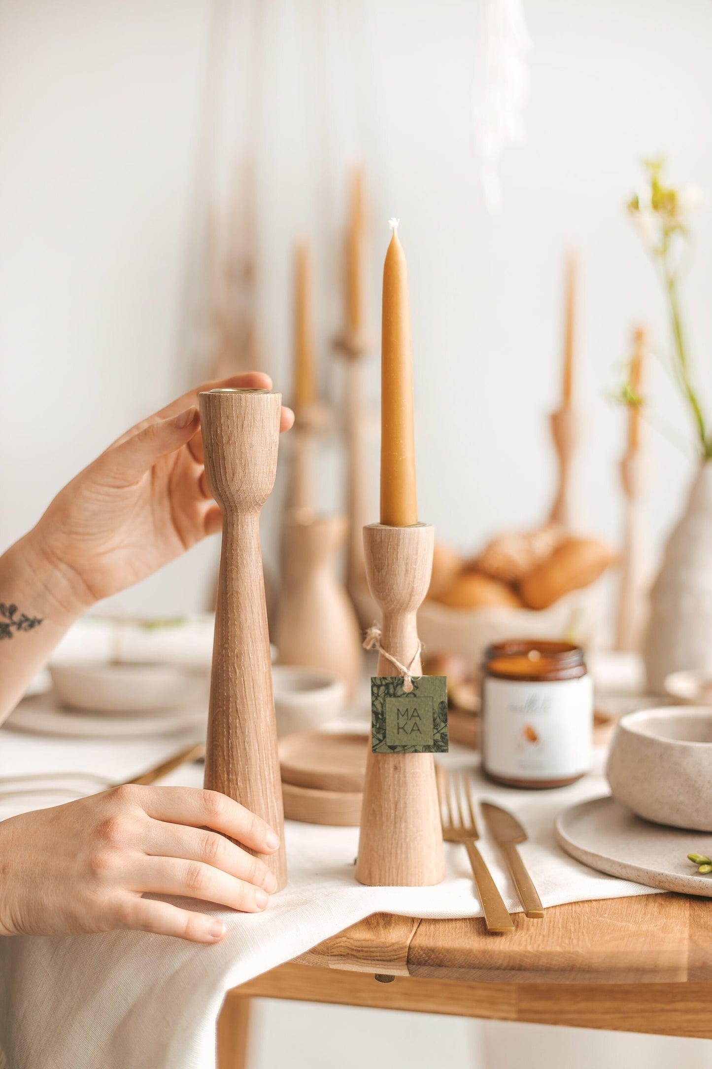 Set of 2 Wooden Taper Candle Holders, Standart, Hand-Turned Oak