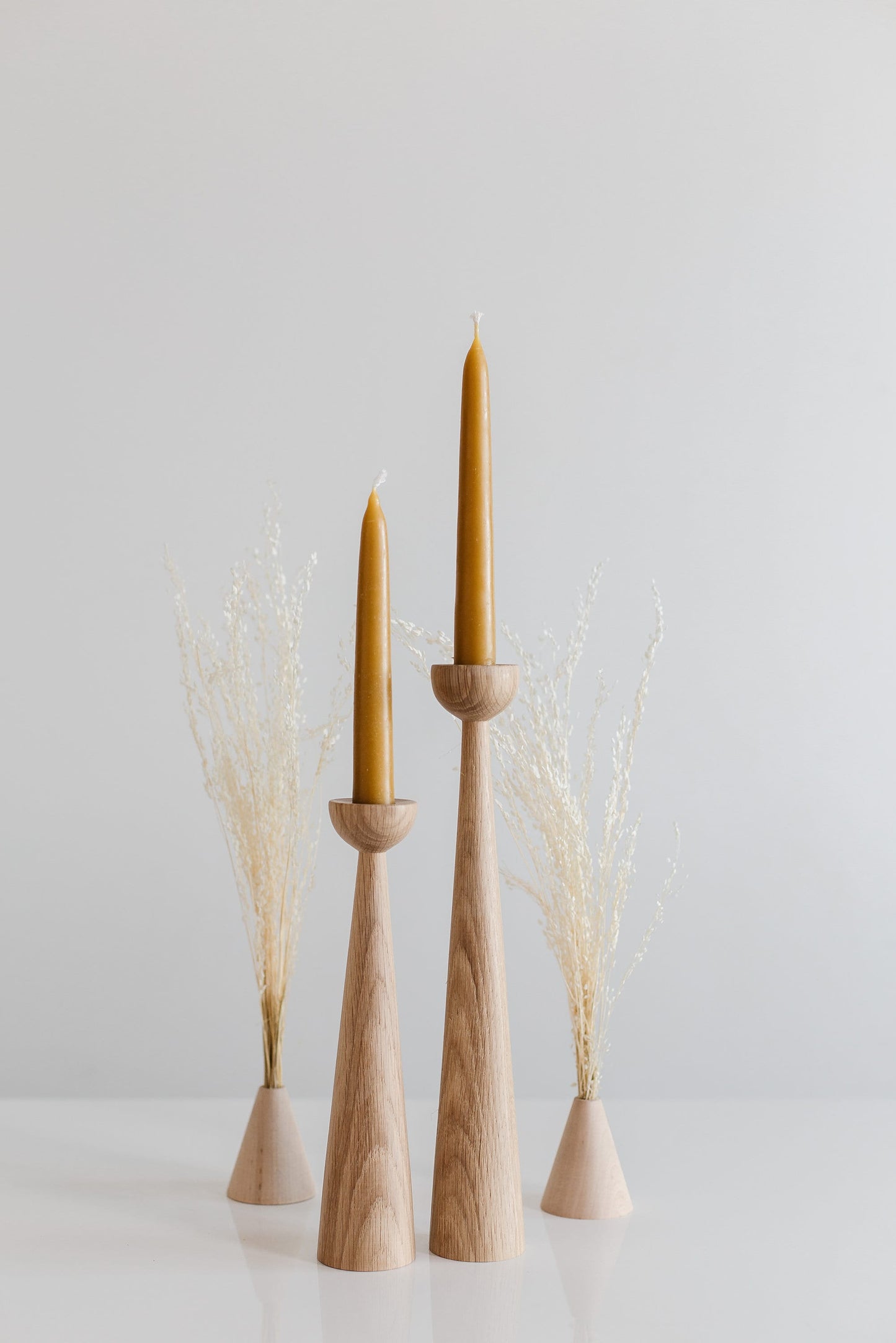 Set of 2 Long Wooden Taper Candle Holders – Hand-Turned Oak