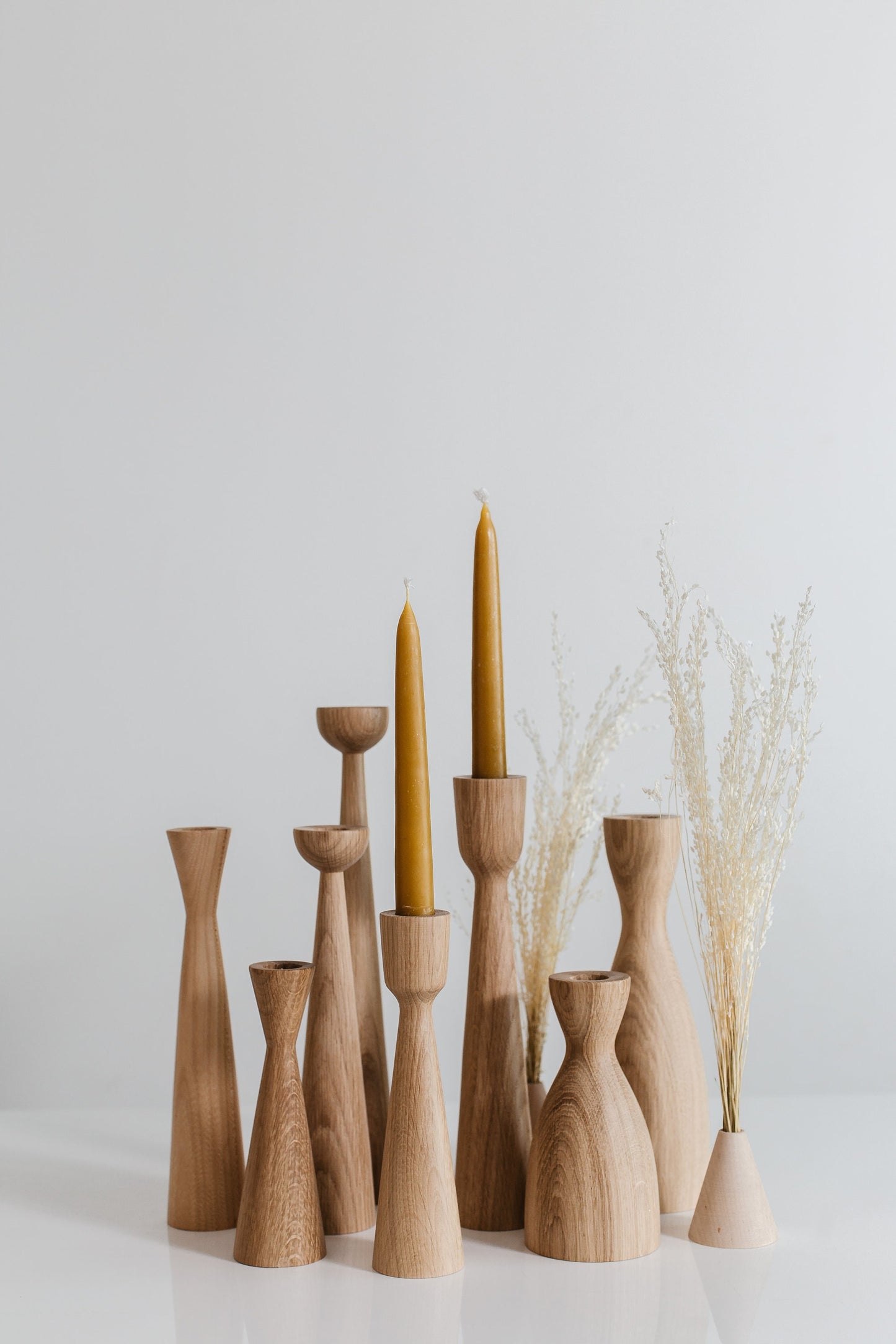 Set of 2 Long Wooden Taper Candle Holders – Hand-Turned Oak