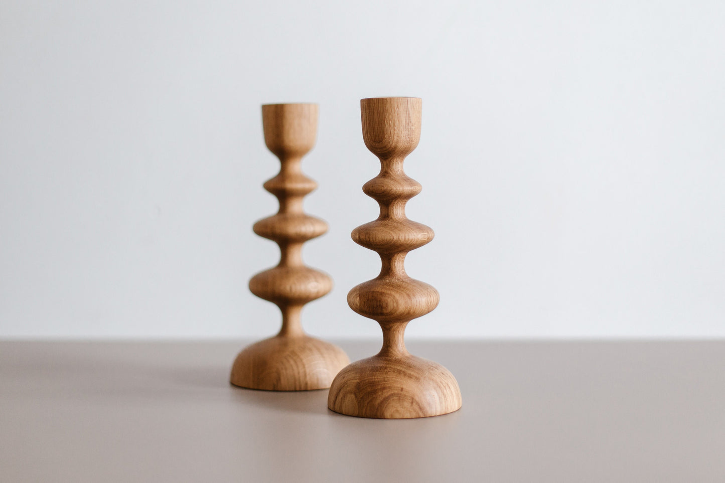 Set of 2 Wooden Taper Candle Holders, Wave,  Hand-Turned Oak