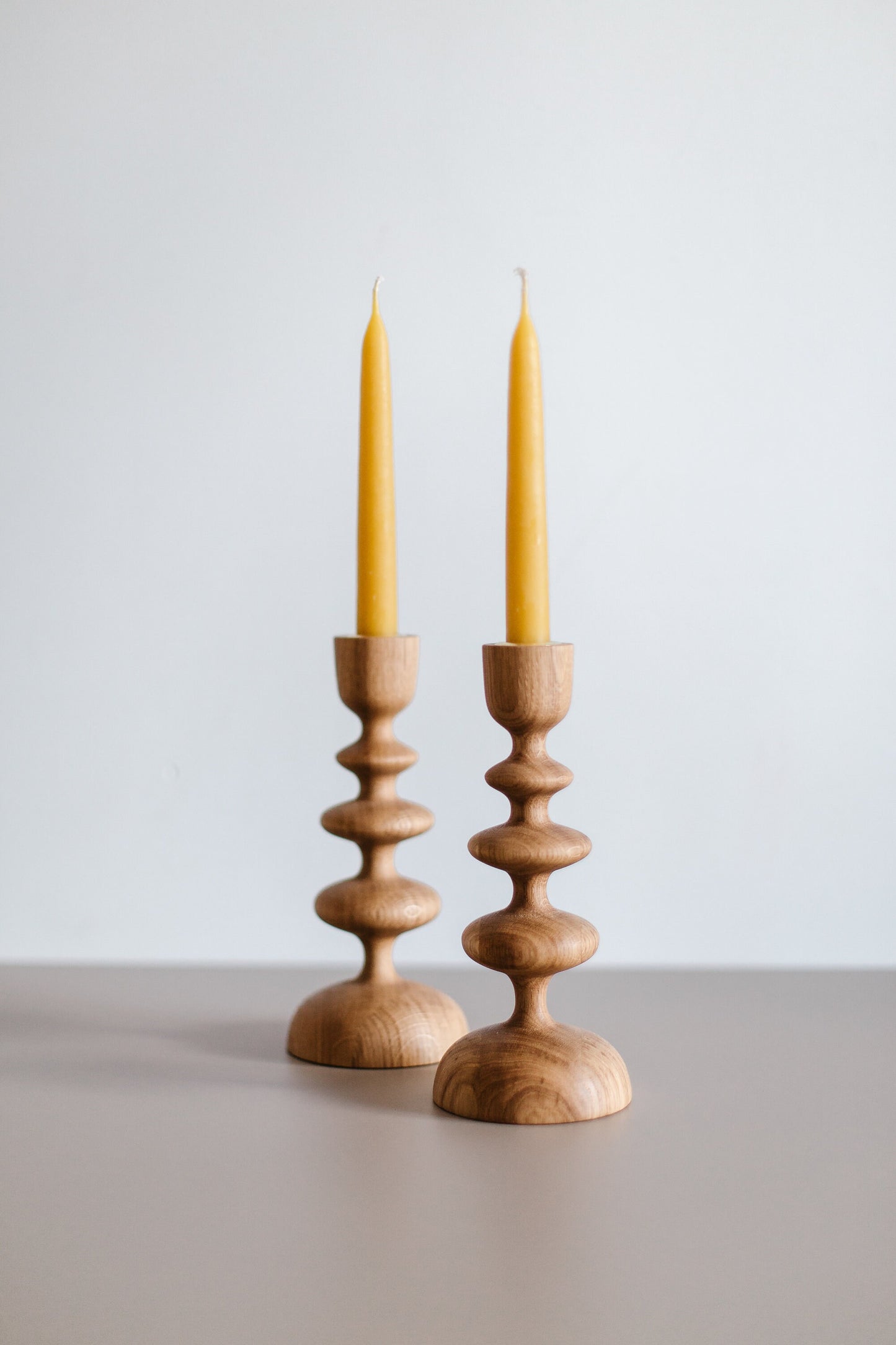 Set of 2 Wooden Taper Candle Holders, Wave,  Hand-Turned Oak