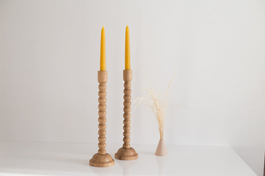 Set of 2 Wooden Taper Candle Holders, Bubble,  Hand-Turned Oak